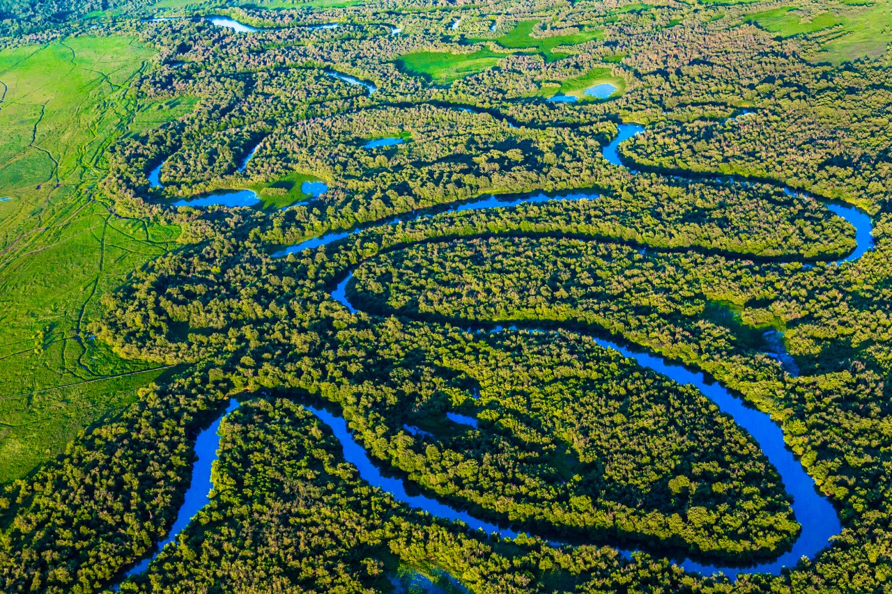 Aerial view over small river in Kamchatka