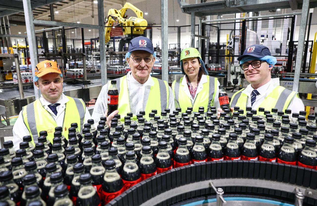 Presseye Ltd, Belfast, Northern Ireland -13th February 2025 :  Photo by William Cherry/Presseye 
  
(Left to Right): Welcoming Secretary of State of Northern Ireland the Coca-Cola HBC production facility in Lisburn, Country Plant Manager, Kieran Given, Supply Chain Director, Joanna Sneddon and newly appointed General Manager, Simon Fitzpatrick.
Photo by William Cherry/Presseye   