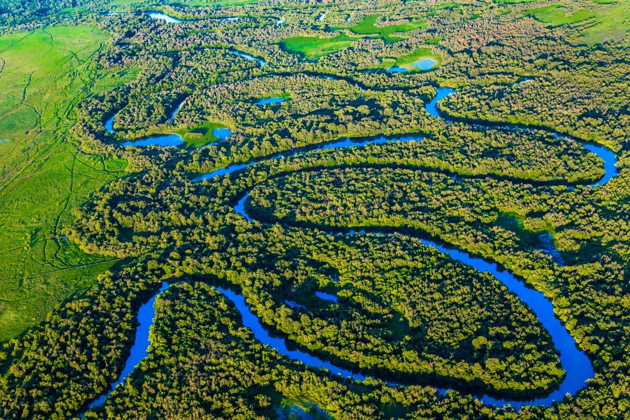 Aerial view over small river in Kamchatka